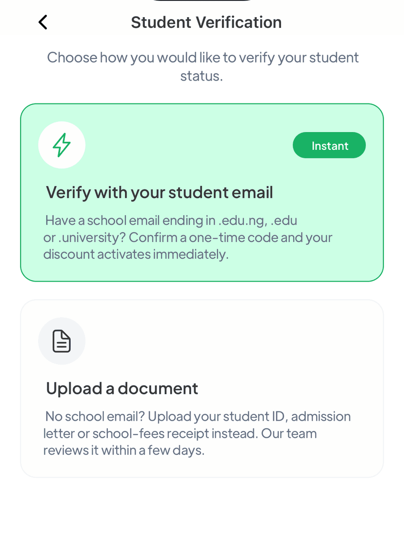 Mytherapist.ng app screen offering two student verification options: instant school email verification or document upload