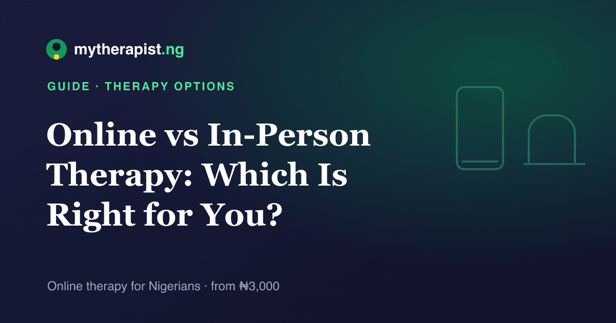 An illustration comparing a phone and a chair, representing online versus in-person therapy — Mytherapist.ng